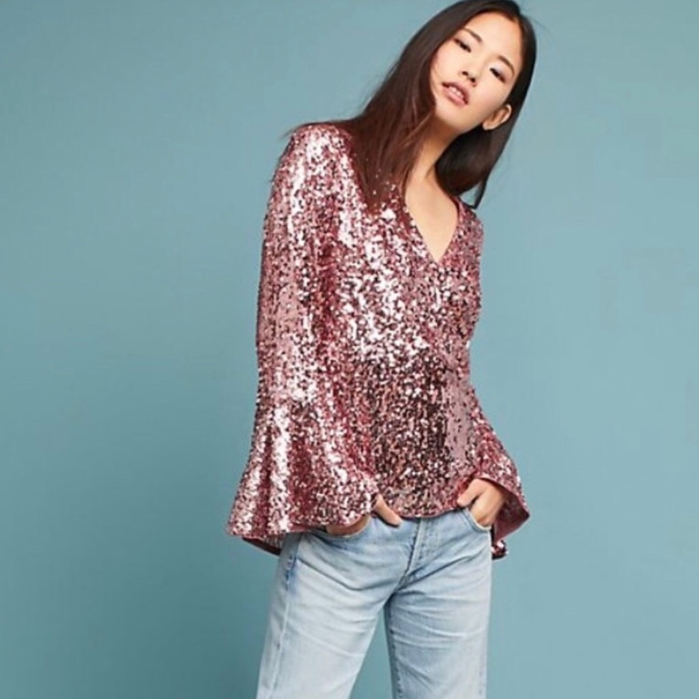 Rose gold sequin, belle sleeve, Anthropologie top